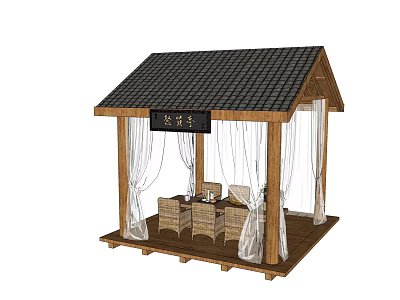 Garden Landscape Featuring Chinese Style Pavilion With Wooden Structure Black Tile Roof And White Curtains 3d model