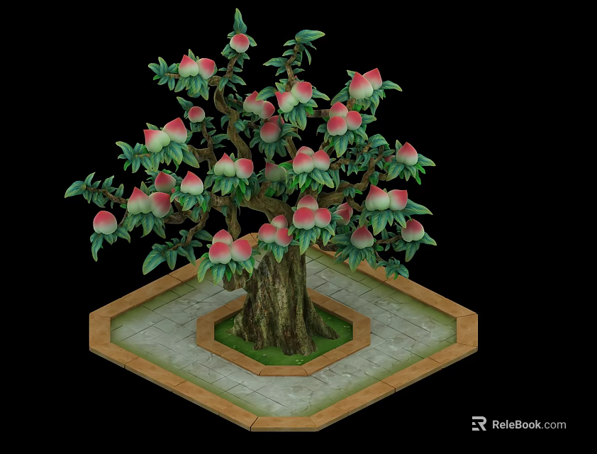 Fresh Pink Peach Fruits Growing on Tree with Thick Trunk Green Leaves and Hexagonal Stone Base 3d model 