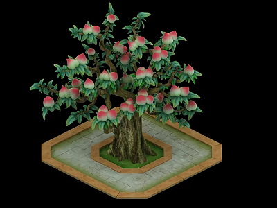 Fresh Pink Peach Fruits Growing on Tree with Thick Trunk Green Leaves and Hexagonal Stone Base 3d model