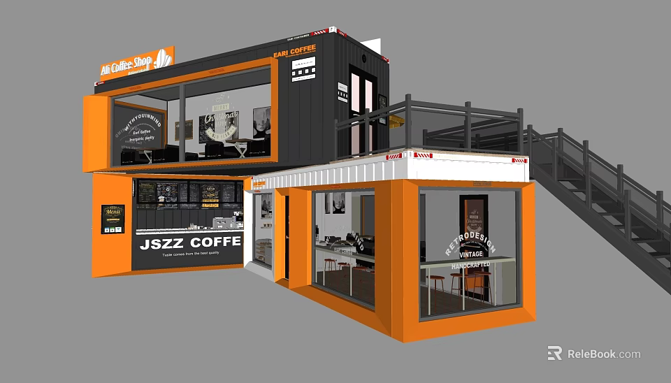 Modern Container Coffee Shop Building With Two Story Design And Glass Facade 3d model 