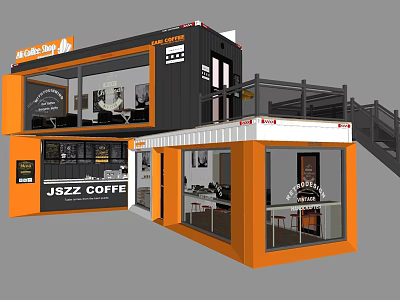 Modern Container Coffee Shop Building With Two Story Design And Glass Facade 3d model
