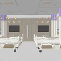 Modern Hospital Room Interior With Two Beds Purple Curtains Wooden Walls And TVs