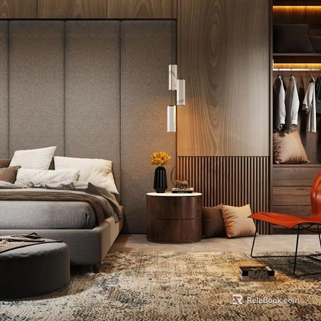 Modern Double Bed Bedroom Interior With Wooden Wardrobe Orange Chair And Rug 3d model 