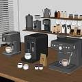 Stylish Kitchen Espresso Machines In Various Styles With Small Cups Coffee Jars And Shelf Items