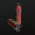 Two Vintage Red Fire Extinguishers With Green Labels And Hose On Black Background