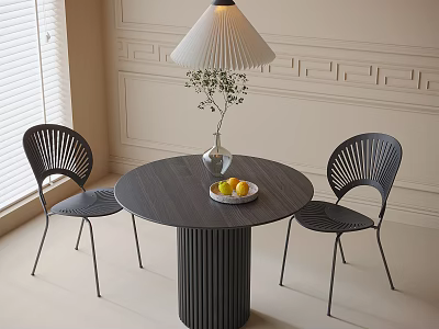 Dark Round Table Black Chairs With Vase Fruit Plate Lamp On Light Wall Decorative Molding 3d model
