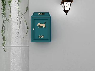 Public Facility Green Postbox with Dog Illustration Number 606 Hanging Plants and Wall Lamp 3d model