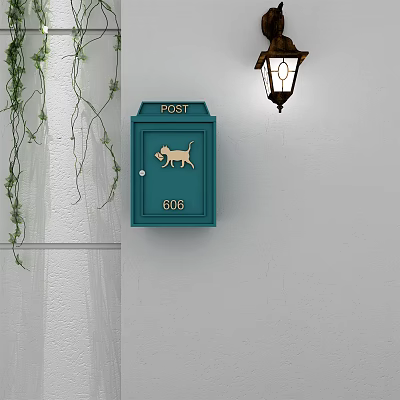 Public Facility Green Postbox with Dog Illustration Number 606 Hanging Plants and Wall Lamp 3d model