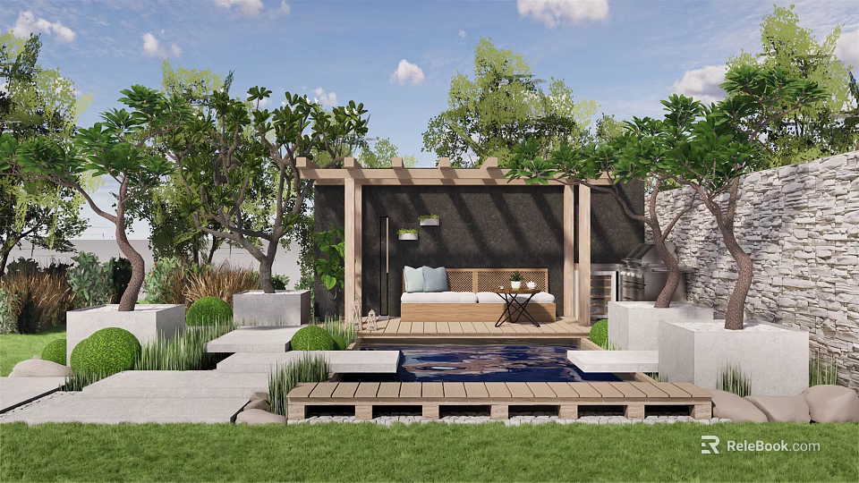 Tranquil Courtyard Garden With Wooden Pergola Deck Lush Grass Trees Seating Area And Greenery 3d model 