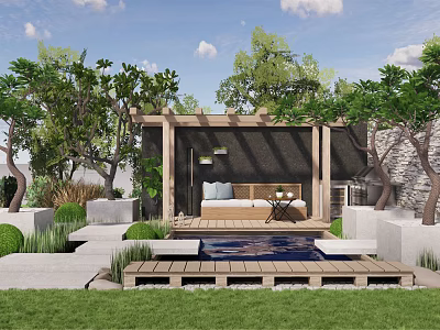 Tranquil Courtyard Garden With Wooden Pergola Deck Lush Grass Trees Seating Area And Greenery 3d model