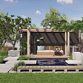 Tranquil Courtyard Garden With Wooden Pergola Deck Lush Grass Trees Seating Area And Greenery