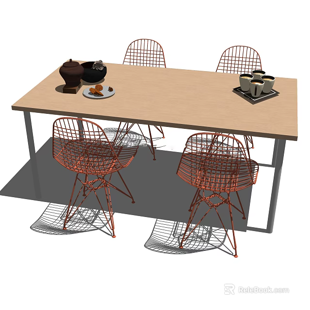 Modern Dining Table Set With Wooden Top Metal Frame Four Wire Chairs And Tabletop Accessories 3d model 