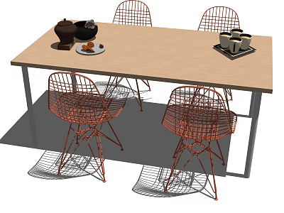 Modern Dining Table Set With Wooden Top Metal Frame Four Wire Chairs And Tabletop Accessories 3d model