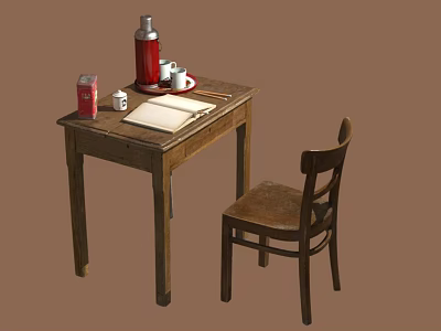 Wooden Writing Desk With Red Thermos Coffee Cups And Wooden Chair 3d model