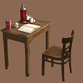 Wooden Writing Desk With Red Thermos Coffee Cups And Wooden Chair