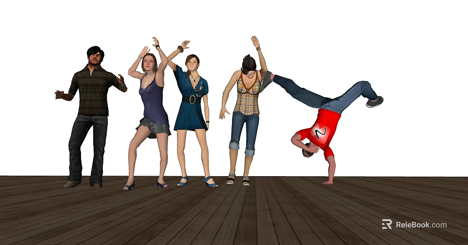 Group of People Dancing With Handstand on Wooden Floor Indoor 3d model 