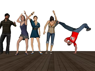Group of People Dancing With Handstand on Wooden Floor Indoor 3d model