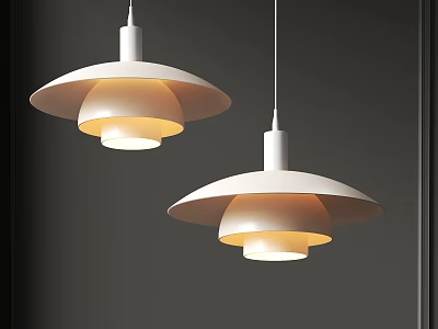 Two Modern Pendant Lights With White Shade And Soft Glow Against Dark Background 3d model