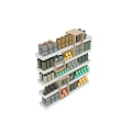 Ceramic Vessels Displayed on Multi Tiered Shelves with Various Colors Geometric Shapes and Designs
