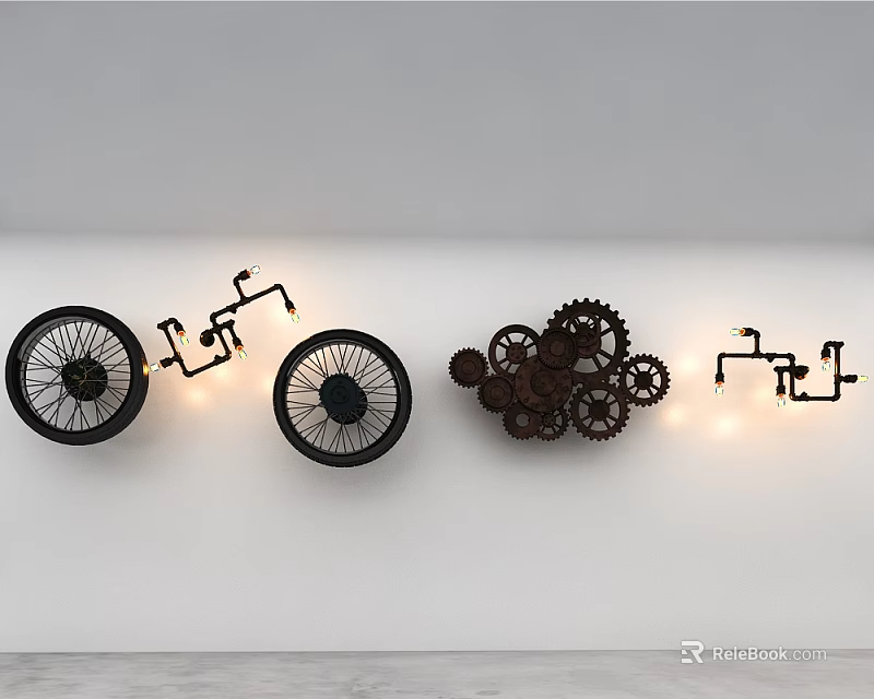Industrial Style Wall Decor With Metal Gears Wheels And Decorative Lines 3d model 