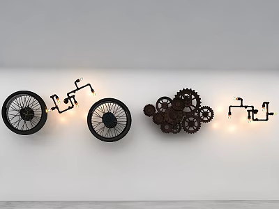 Industrial Style Wall Decor With Metal Gears Wheels And Decorative Lines 3d model