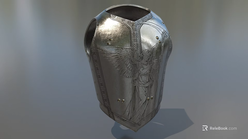 Silver Medieval Armor Engraved With Angelic Figure And Metal Rivets Design 3d model 