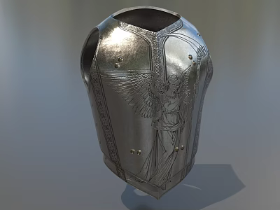 Silver Medieval Armor Engraved With Angelic Figure And Metal Rivets Design 3d model