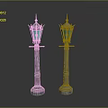 Vintage Street Lamps With Silver Poles Blue Shades Spire Decorations And Carved Bases