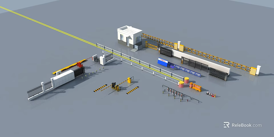 Public Facility For Vehicle Inspection With Traffic Control Gates Control Booth And Warning Signs 3d model 