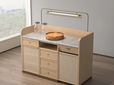 Modern Wooden Bar Counter With Marble Countertop Glass Jars Tray Drawer and Rattan Doors 3d model