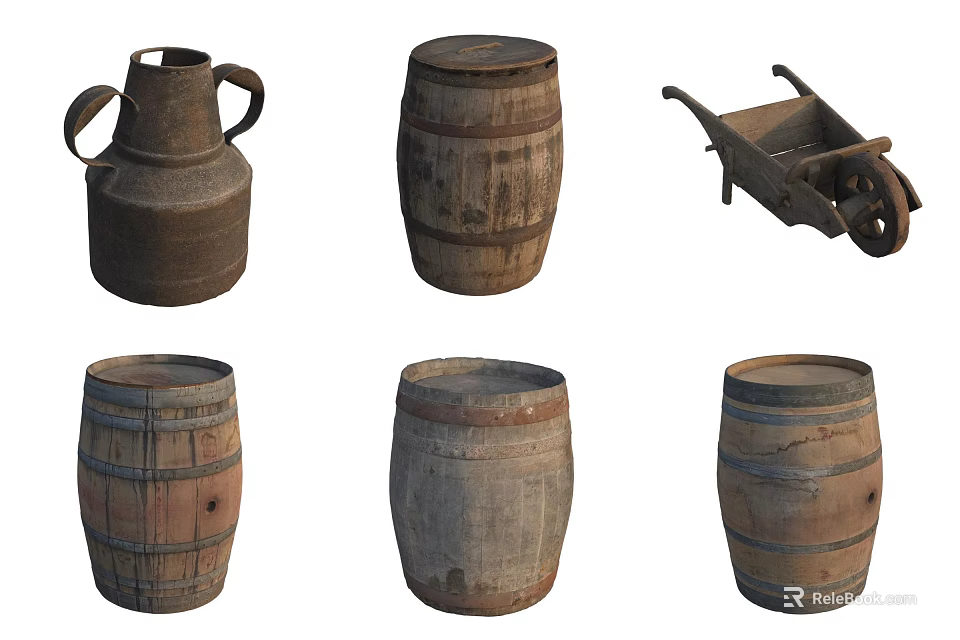 Old Vintage Rustic Wooden Barrels Earthenware Pot And Wheelbarrow Set 3d model 