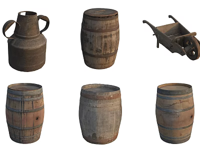 Old Vintage Rustic Wooden Barrels Earthenware Pot And Wheelbarrow Set 3d model