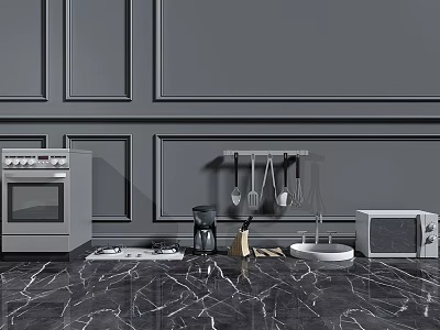 Gray Wall Kitchen Interior With Oven Gas Stove Coffee Machine And Marble Floor 3d model