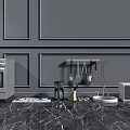 Gray Wall Kitchen Interior With Oven Gas Stove Coffee Machine And Marble Floor