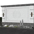 Traditional Chinese Garden Feature Wall With Fu Character Relief Ornate Patterns And Rockery Greenery
