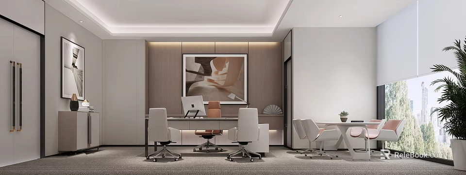 Modern Office Interior Design With Desk Ergonomic Chairs Computer And Abstract Wall Art 3d model 