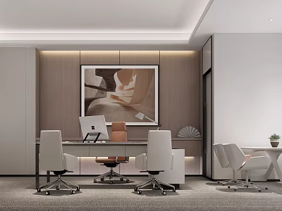 Modern Office Interior Design With Desk Ergonomic Chairs Computer And Abstract Wall Art 3d model