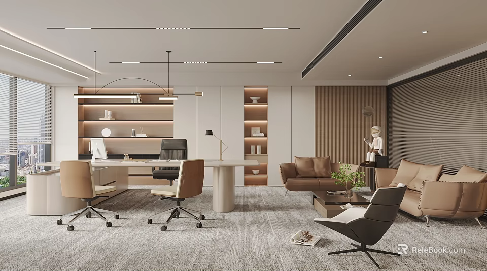 Modern Office Interior Design With Open Layout Desk Sofa Bookshelves Pendant Lights And Carpet 3d model 