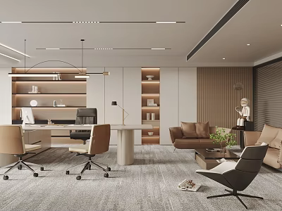 Modern Office Interior Design With Open Layout Desk Sofa Bookshelves Pendant Lights And Carpet 3d model