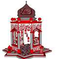 Red Decorative Pavilion Structure With Dome Intricate Patterns And Bros Signage