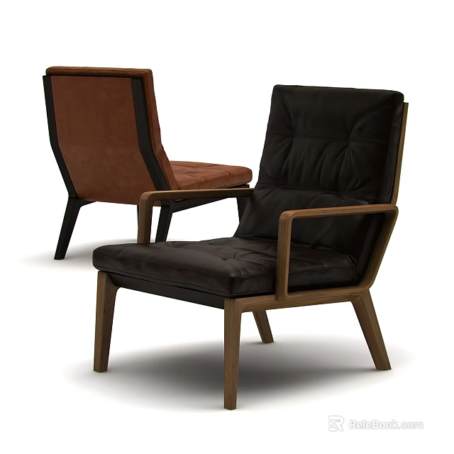 Black And Brown Leather Accent Chairs With Wooden Frame Modern Design 3d model 