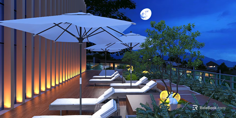 Outdoor Terrace With White Umbrellas Loungers Warm Lighting Moonlit Night And Plants 3d model 