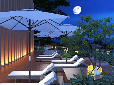 Outdoor Terrace With White Umbrellas Loungers Warm Lighting Moonlit Night And Plants 3d model