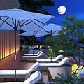 Outdoor Terrace With White Umbrellas Loungers Warm Lighting Moonlit Night And Plants