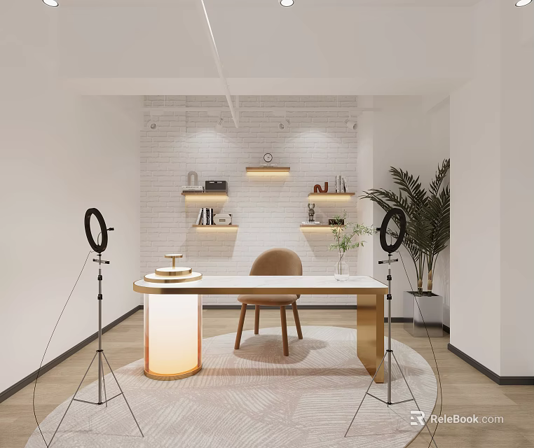 Modern Public Office Space With White Brick Wall Shelves Plant Ring Lights And Round Rug 3d model 