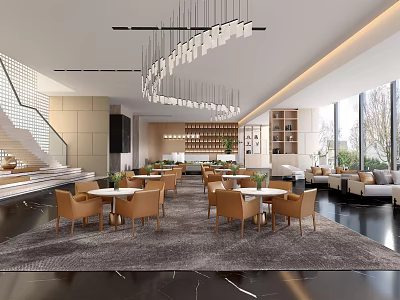 Elegant Modern Sales Office With Large Chandeliers Lounge Sofas Tables And Marble Floor 3d model