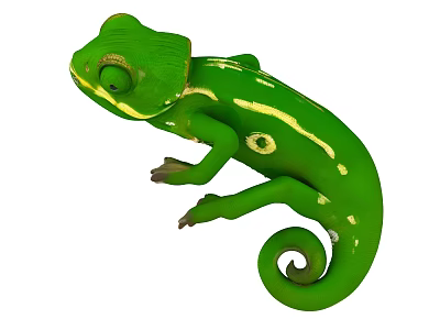 Green Reptile Chameleon Displaying Spiral Tail And Yellow Stripes On Its Body 3d model