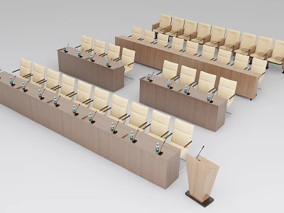 Long Wooden Conference Table Setup With Arranged Chairs Microphones And Podium 3d model