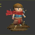 Cartoon Warrior Character With Orange Hair Red Scarf Blue Outfit And Sword On Wooden Platform