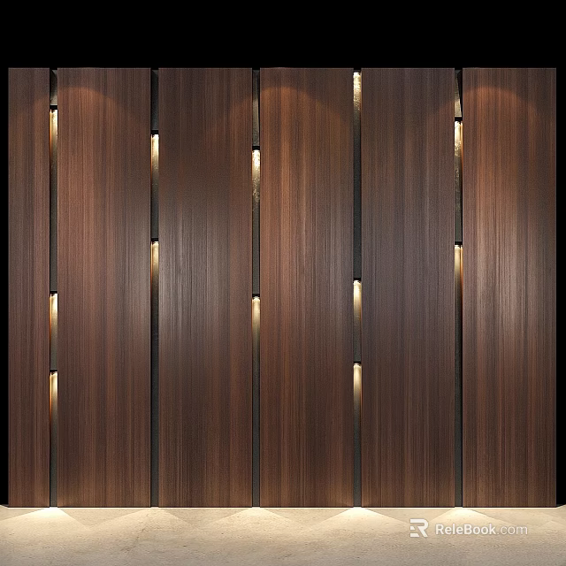 Modern Decorative Wall Hangings With Vertical Metal Strips On Wooden Texture Background And Lighting Effects 3d model 